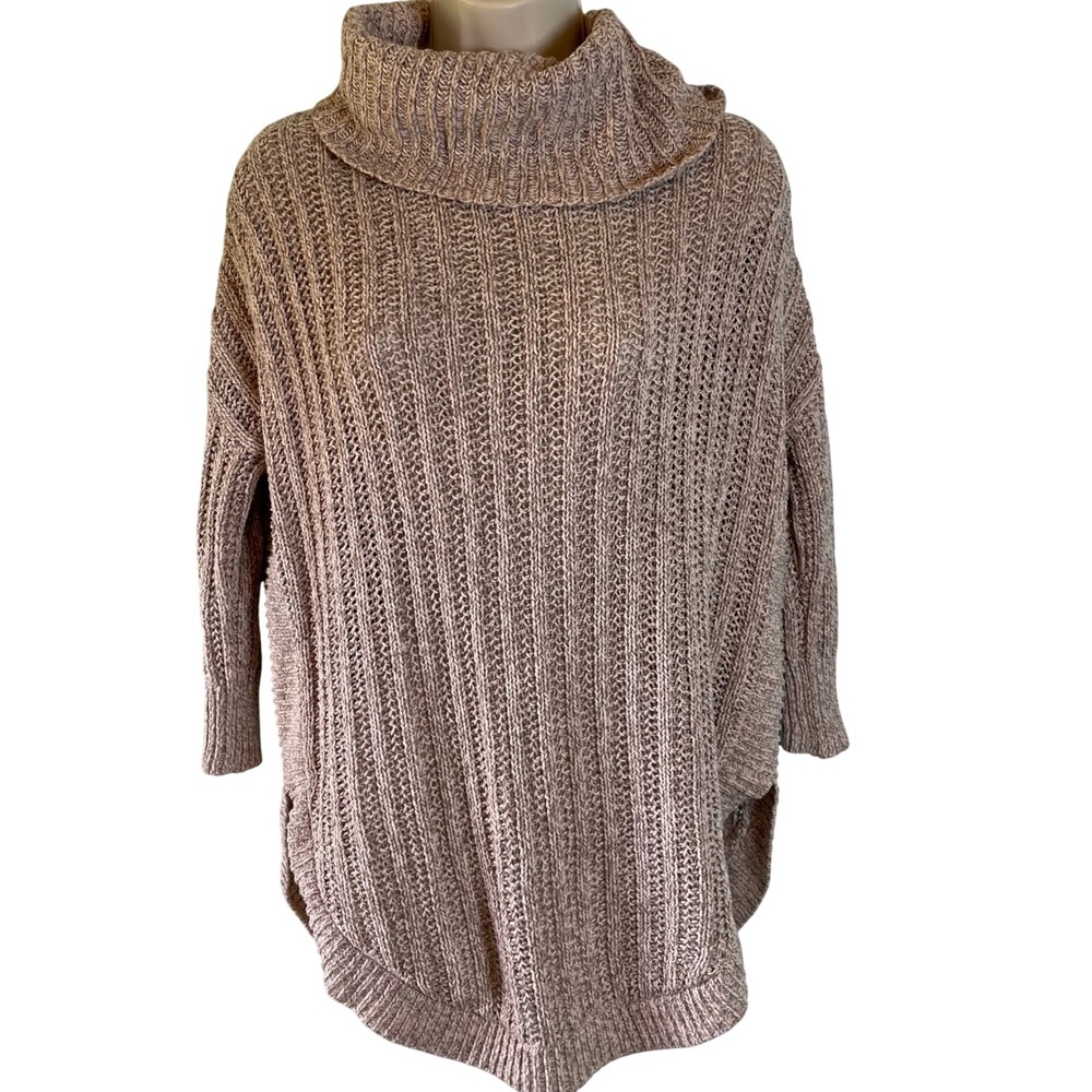 Express Women's Knitted Tunic Sweater Size XS Cowl Neck 3/4 Sleeve Beige